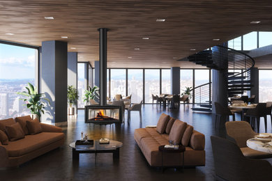 Großes, Abgetrenntes Modernes Wohnzimmer mit Porzellan-Bodenfliesen, Hängekamin, Kaminumrandung aus Metall, braunem Boden, Holzdielendecke und Wandpaneelen in Essex