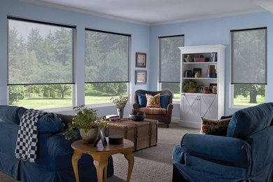 ダラスにある高級な中くらいなトランジショナルスタイルのおしゃれなリビング (青い壁、カーペット敷き、暖炉なし、テレビなし、ベージュの床) の写真