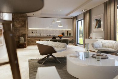 Immagine di un soggiorno chic con pareti grigie e pavimento con piastrelle in ceramica