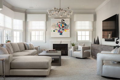 Example of a transitional carpeted and gray floor living room design in New York with gray walls, a standard fireplace, a stone fireplace and a wall-mounted tv