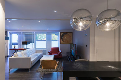 Diseño de salón abierto contemporáneo extra grande con paredes blancas, suelo vinílico y televisor independiente