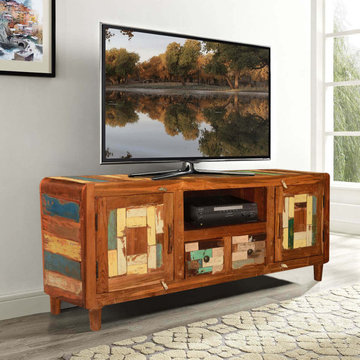Rounded Corners Mosaic Reclaimed Wood Rustic TV Media Cabinet