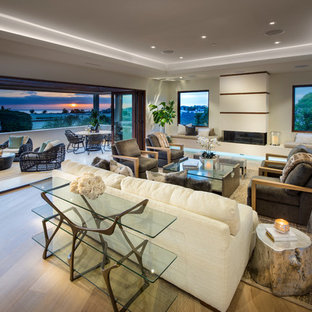 Example of a large trendy open concept and formal light wood floor living room design in Orange County with white walls, a wood fireplace surround, no tv and a ribbon fireplace