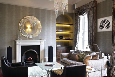 This is an example of a contemporary formal and grey and black living room curtain in Other with grey walls, a standard fireplace and no tv.