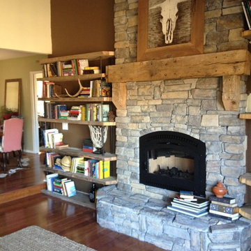 Rustic Beam Mantel and Open Shelving
