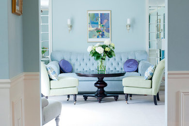 Inspiration för ett vintage vardagsrum, med blå väggar