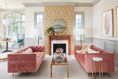 Example of a transitional formal and open concept carpeted living room design in Chicago with white walls, a standard fireplace and a stone fireplace
