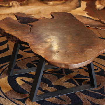 Rustic Modern Live Edge Claro Walnut Coffee Table with a Metal Trestle Base