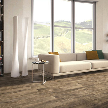 Rustic wood look porcelain contrasts beautifully with a modern look