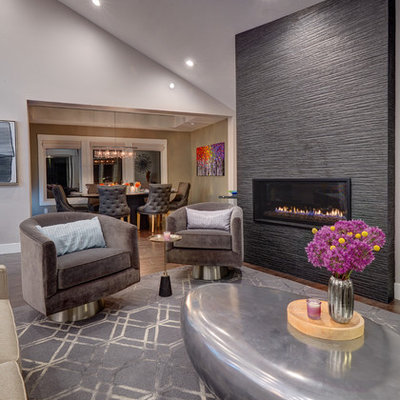 Mid-sized trendy formal medium tone wood floor living room photo in Sacramento with gray walls and a ribbon fireplace