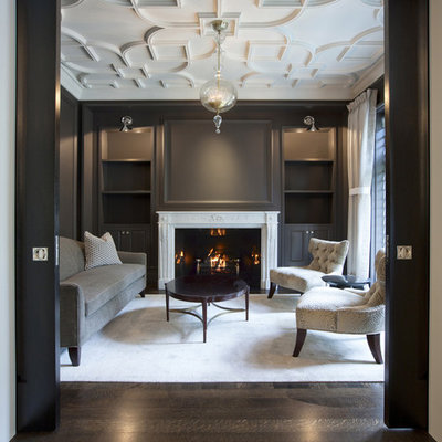Elegant formal and enclosed dark wood floor living room photo in Chicago with gray walls, no tv and a standard fireplace