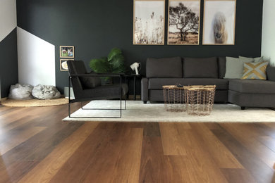 Example of a mid-sized laminate floor living room design in Brisbane with black walls