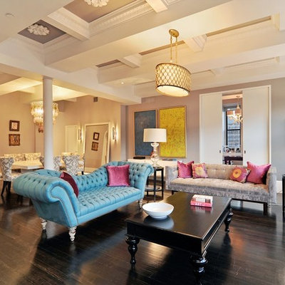 Example of a classic living room design in Chicago with gray walls