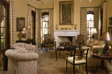 Example of a large classic formal and open concept carpeted living room design in Houston with beige walls, a standard fireplace, a stone fireplace and no tv