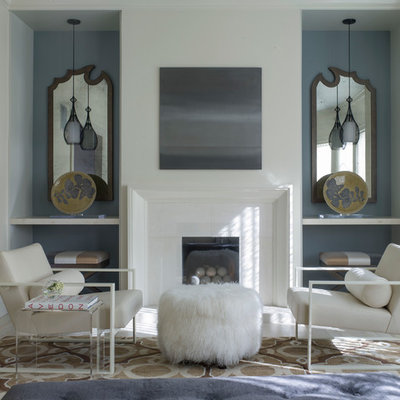 Living room - transitional formal and enclosed light wood floor living room idea in San Francisco with blue walls, a standard fireplace, a tile fireplace and no tv