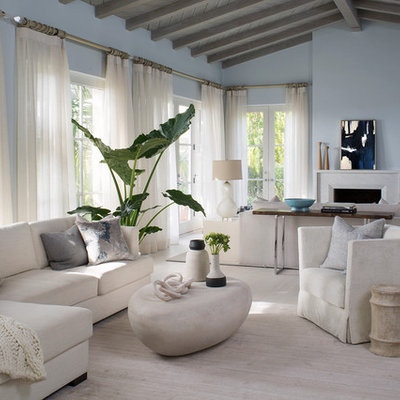 Living room - mid-sized coastal formal and open concept light wood floor living room idea in Santa Barbara with blue walls, a standard fireplace, a plaster fireplace and no tv