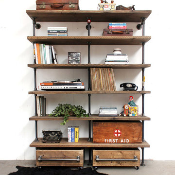 Saul Industrial Reclaimed Scaffold Board and Dark Steel Pipe Shelving Unit with