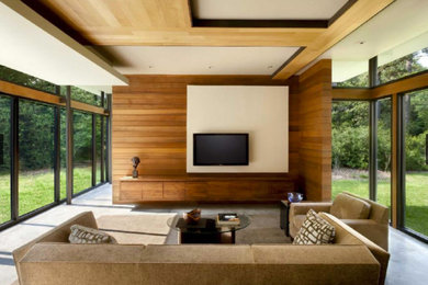 Imagen de salón para visitas cerrado actual de tamaño medio con paredes marrones, suelo de cemento, televisor colgado en la pared y suelo gris