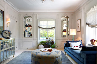 На фото: парадная гостиная комната среднего размера в современном стиле с серыми стенами без телевизора с