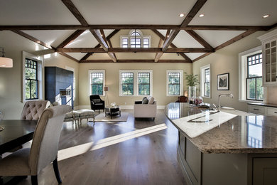 Großes, Offenes Klassisches Wohnzimmer mit hellem Holzboden und Kaminumrandung aus Stein in Boston