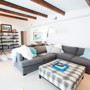 1950s open concept porcelain tile living room photo in Phoenix with white walls
