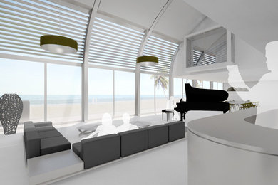 This is an example of an expansive nautical open plan living room in Other with a home bar, white walls, concrete flooring, a concealed tv and grey floors.