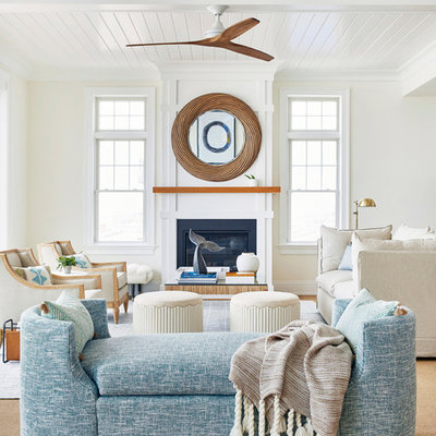 Beach style open concept and formal living room photo in New York with white walls, a standard fireplace and no tv