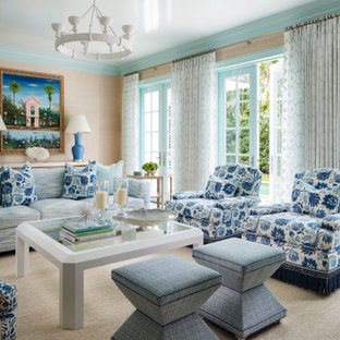Inspiration for a world-inspired formal open plan living room in Miami with beige walls, carpet, no tv and beige floors.