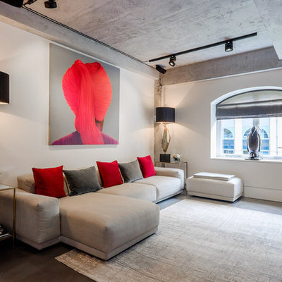 Urban gray floor living room photo in Other with white walls