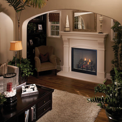 Example of a classic living room design in Orange County with a standard fireplace