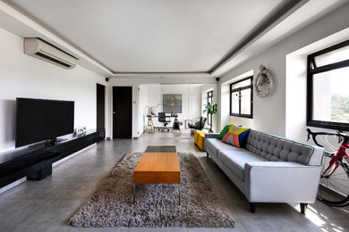 Inspiration for a large transitional open concept living room remodel in Singapore with a bar and a tv stand