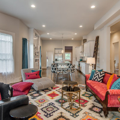 Eclectic formal and open concept dark wood floor and brown floor living room photo in Nashville with gray walls