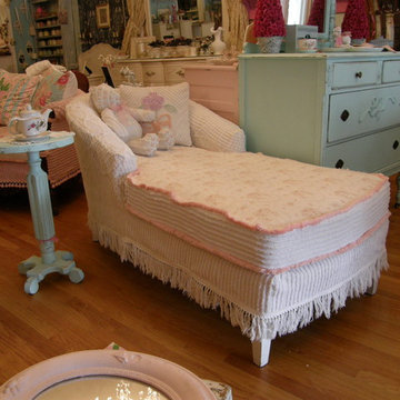 shabby chic chaise lounge slip covered with vintage chenille and roses fabrics