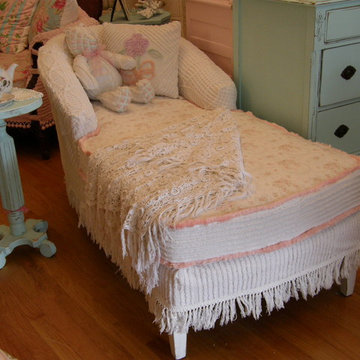shabby chic chaise slipcovered vintage chenille bedspreads and roses fabrics