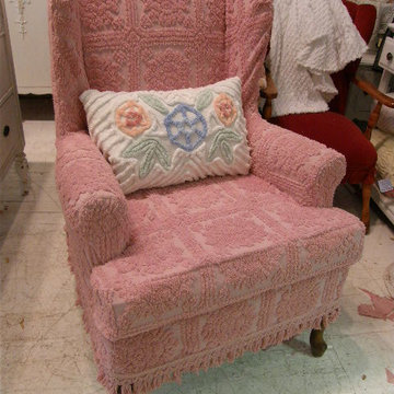 shabby chic wingback chair slipcovered with pink vintage chenille bedspread fabr