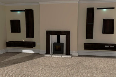Modelo de salón abierto minimalista de tamaño medio con marco de chimenea de madera