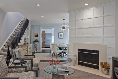 Mid-sized transitional formal and open concept dark wood floor and gray floor living room photo in DC Metro with a stone fireplace, white walls, a standard fireplace and no tv