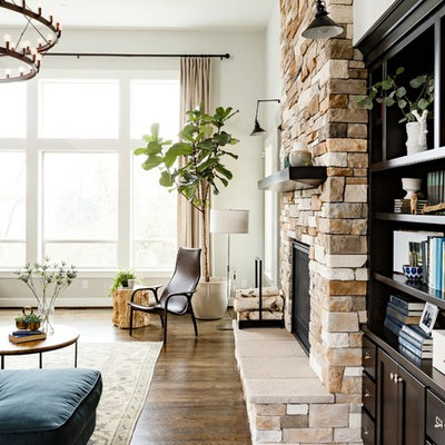 Living room - mid-sized transitional formal and open concept dark wood floor living room idea in Portland with white walls, a standard fireplace and a stone fireplace
