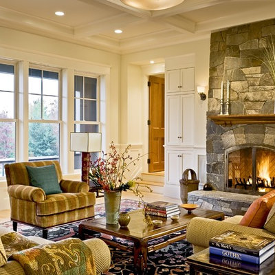 Living room - victorian living room idea in Burlington with a stone fireplace