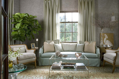 Living room - small transitional formal and open concept carpeted living room idea in New York with gray walls, no fireplace and no tv