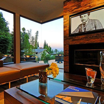 9342 Sierra Mar Hollywood Hills luxury home modern family room  TV