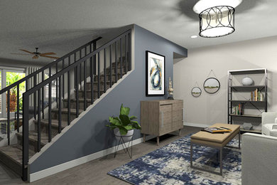 Ejemplo de salón actual de tamaño medio con paredes beige, suelo de baldosas de porcelana, televisor colgado en la pared y suelo gris