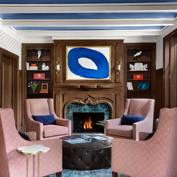 Sitting Room with bold painted ceiling and fireplace