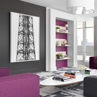 Inspiration for a large contemporary living room in Atlanta with pink walls.