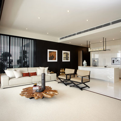 Living room - contemporary open concept living room idea in Singapore with black walls and no tv