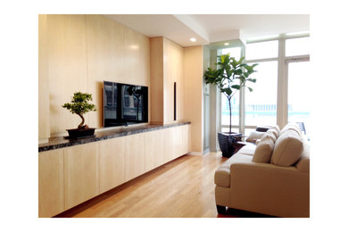 Cette photo montre un grand salon moderne ouvert avec un téléviseur fixé au mur.