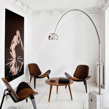 Small Modern Living Room Design with Wegner CH07 Shell Chairs and Flos Arco Lamp