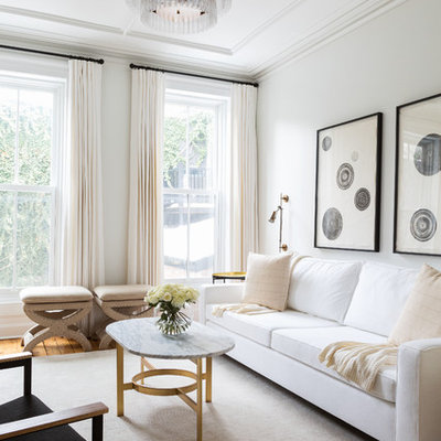 Inspiration for a mid-sized transitional formal and open concept living room remodel in New York with white walls