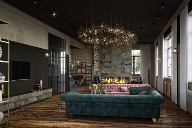 Источник вдохновения для домашнего уюта: гостиная комната в стиле неоклассика (современная классика) с двусторонним камином