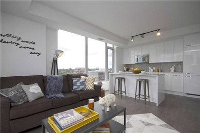 Example of a small minimalist open concept and formal medium tone wood floor living room design in Ottawa with white walls and no fireplace